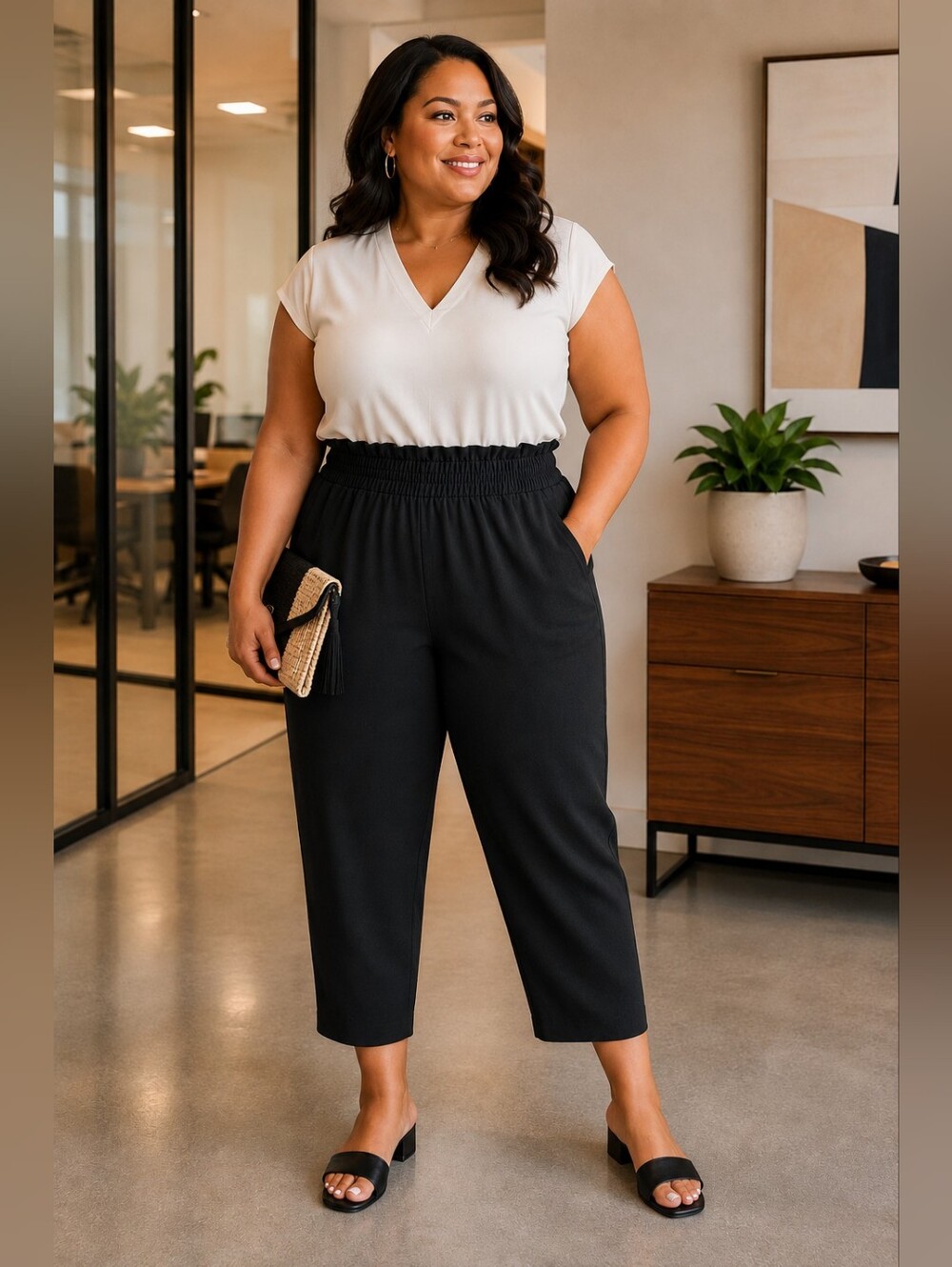 A New Day High Rise Tapered Leg Cropped Paperbag Pants in Black Women's XXL